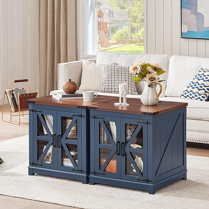 Joaxswe Farmhouse End Table with Charging Station Set 2, 24" Large Sofa Side Table with Glass Barn Door, Blue Nightstand with Adjustable Storage Shelf,Wood Square Bedside Table for Living Room,Bedroom