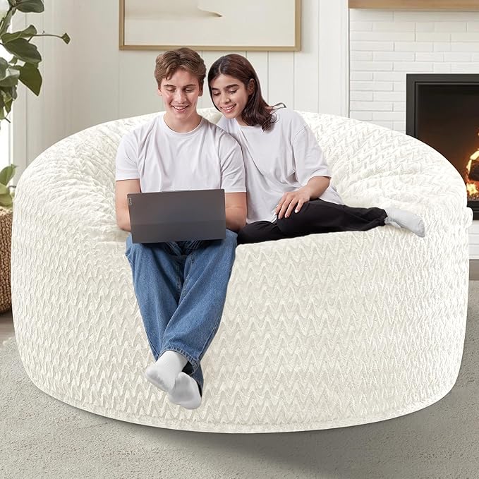 HABUTWAY 4FT Bean Bag Chair,Giant Bean Bag Chairs for Adults,Big Bean Bags with Memory Foam Filled, Large Beanbag Chairs with Chevron Plush Cover-White