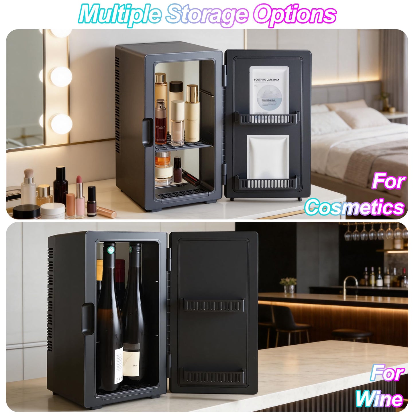 Mini Fridge, iceBlue 24 Display Modes Adjustable LED Light Gaming Mini Fridge, 10 Liter /4 Bottles Wine Fridge, Wine Cooler, Skincare Fridge with Remote Control for Bedroom, Office, Dorm, Gift - Black