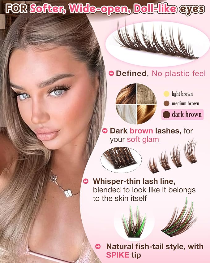 Brown Wispy Lash Clusters Kit Manga Eyelashes Clusters Natural Cluster Eyelash Extensions Kit Fairy DIY Lash Extension Anime C Curl Waterproof Individual Eye Lashes