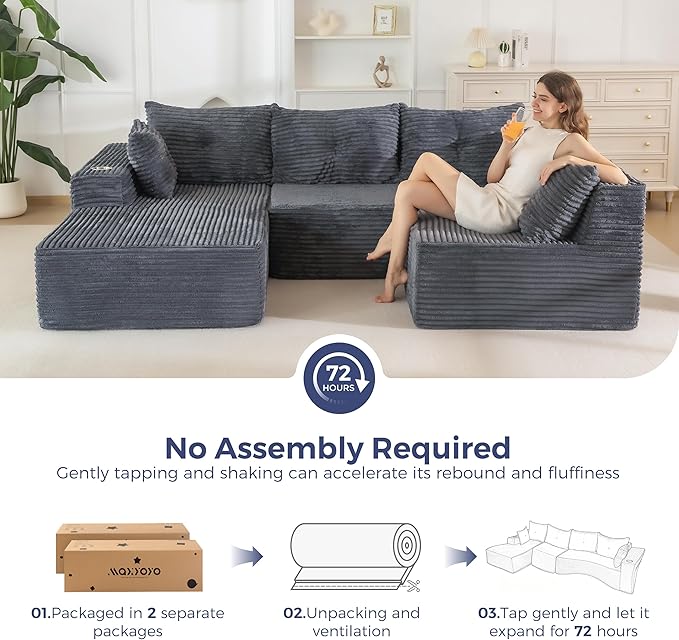 MAXYOYO 132" Oversize Modular Sectional Couch with L-Shape Chaise, Modern Boneless Couch for Living Room, Sofa in A Box, Oversized Sofa Sleeper with Deep Seat, No Assembly Required, Dark Grey
