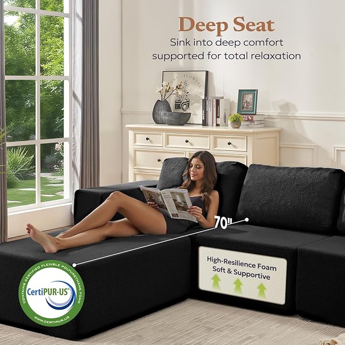 Furnify 67" Loveseat Sofa, Cloud Modular Couch, Upholstered Floor Sofa with Deep Seat, Upholstered Foam Sofa for Bedroom Living Room, No Assembly Required (Black, Teddy Boucle)