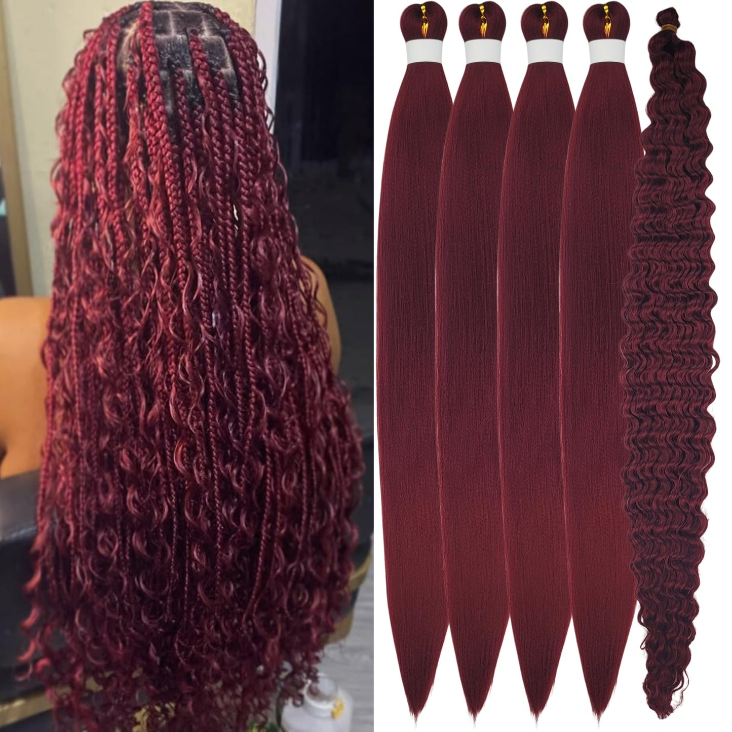 Burgundy Boho Braiding Hair Curly Braiding Hair for Boho Braids Pre stretched Knotless Hair for Bohemian Braids(30 inch, Packs o