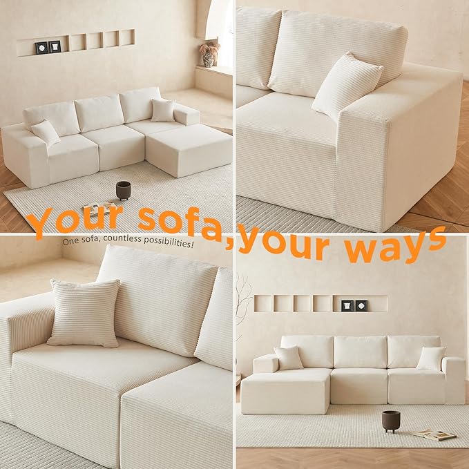 INGEROOM 108" Cloud Sectional Couch with Chaise, Modular L-Shaped Sofa, Deep Seat Comfy Corduroy Memory Foam Couch for Apartments, Dorms or Small Space, No Assembly Required, Beige
