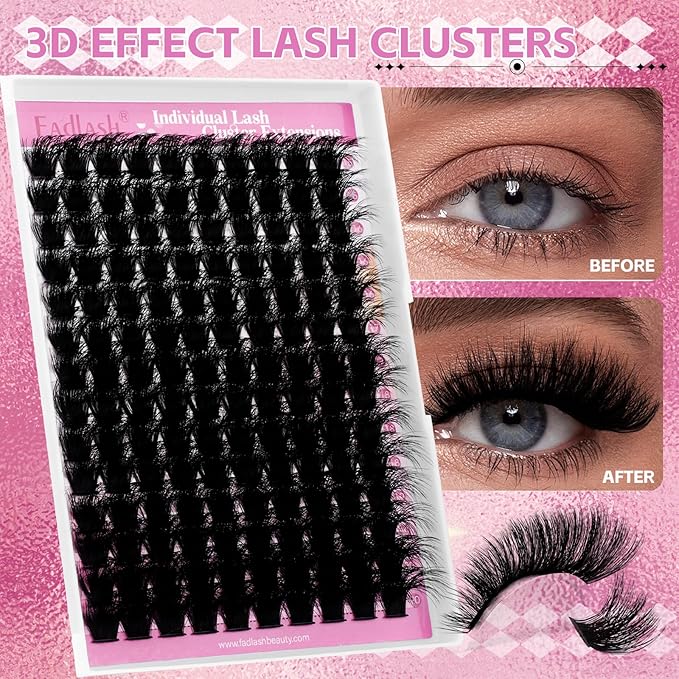 FADLASH Lash Clusters 200D Thick Eyelash Clusters D Curl Volume Cluster Eyelash Extensions 15-20mm Individual Lashes 3D Effect DIY Lash Extension Clusters (200D-0.07-D,15-20mm)