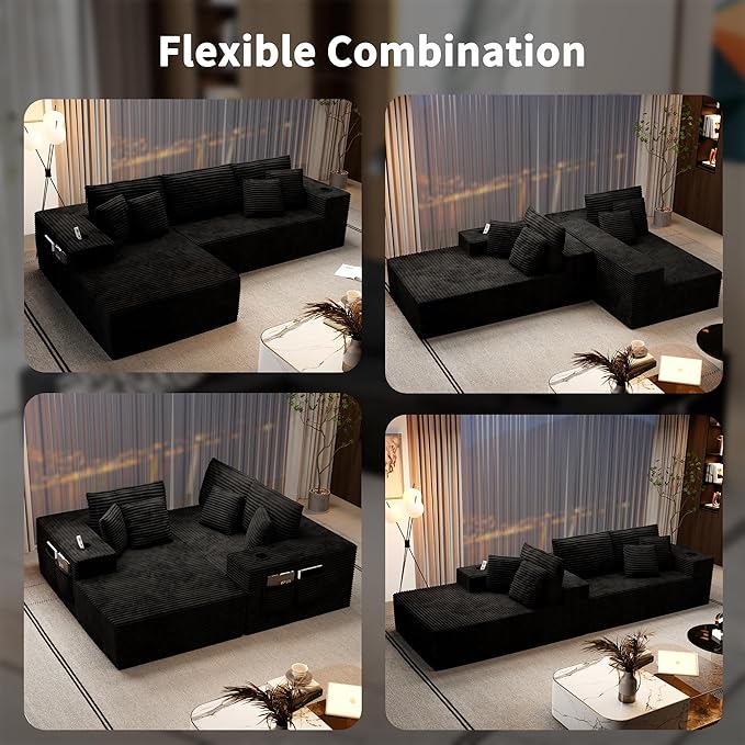 Cibert 104.3" Modular Sectional Sofa, Black Boneless Couch Left Chaise L Shaped Couch with USB Ports, 2 Cup Holders, 2 Side Storage Bags & Lint Remover, No Assembly Sectional Couches for Living Room