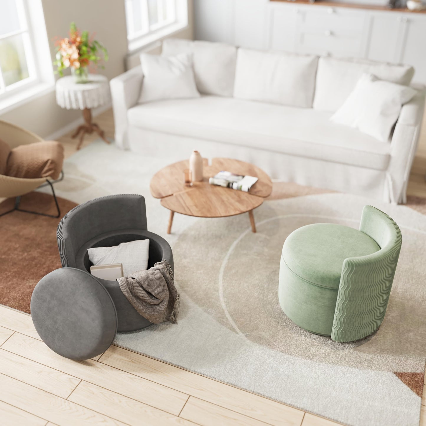 allamazing 360° Swivel Accent Chair with Storage, Vanity Stool with Back, Velvet Storage Ottoman, Upholstered Round Barrel Vanity Chair for Living Room, Makeup Room, Bedroom (Green)