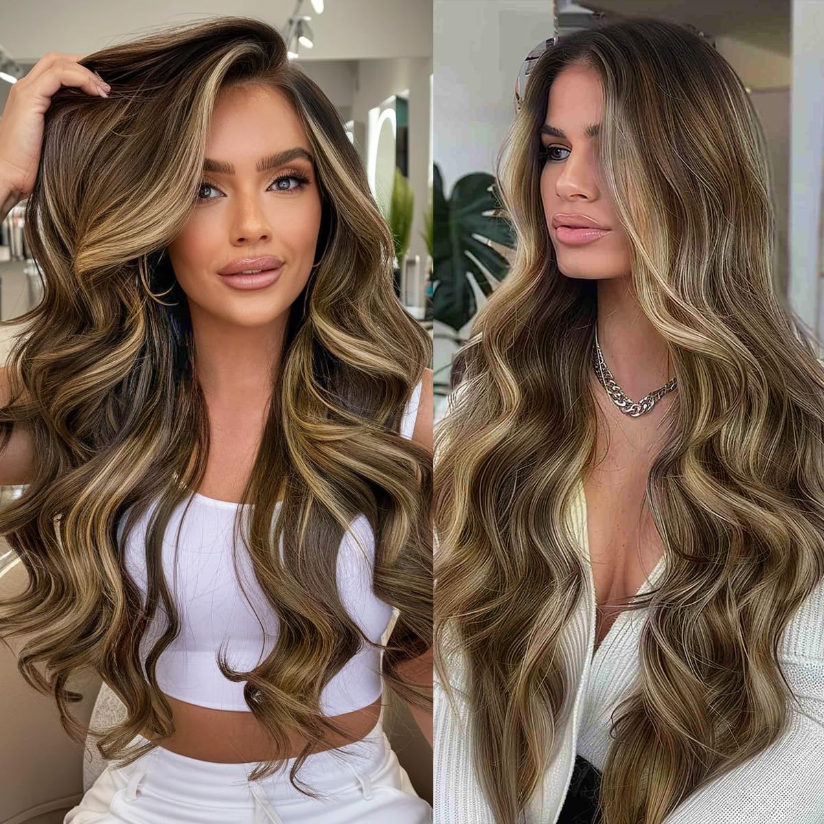 BABEHERS Brown mix Blonde Lace Front Wig for Women 13x4 Body Wave Synthetic Wigs Highlight Pre-plucked Long Wavy 150% Density fo