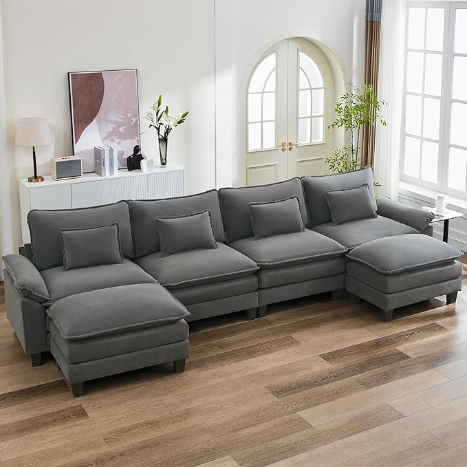 URRED Cloud Couch Modular Sectional Sofa, 157" Modern U Shaped Deep Seat Sofa with 2 Ottomans & Pillows, Ultra Comfy VelvetCouches for Living Room, Bedroom or Apartment, Dark Gray