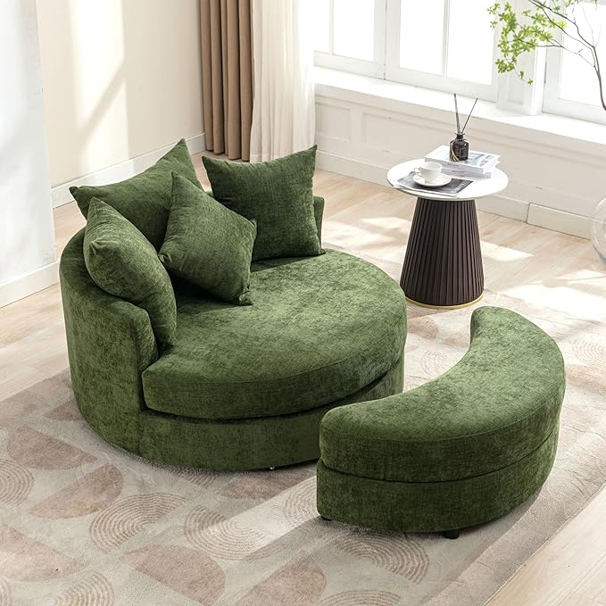 Yoglad Oversized Round Swivel Accent Chair - Modern 360 Degree Barrel Chairs with Storage Ottoman, for Living Room, Bedroom(Chenille - Green)