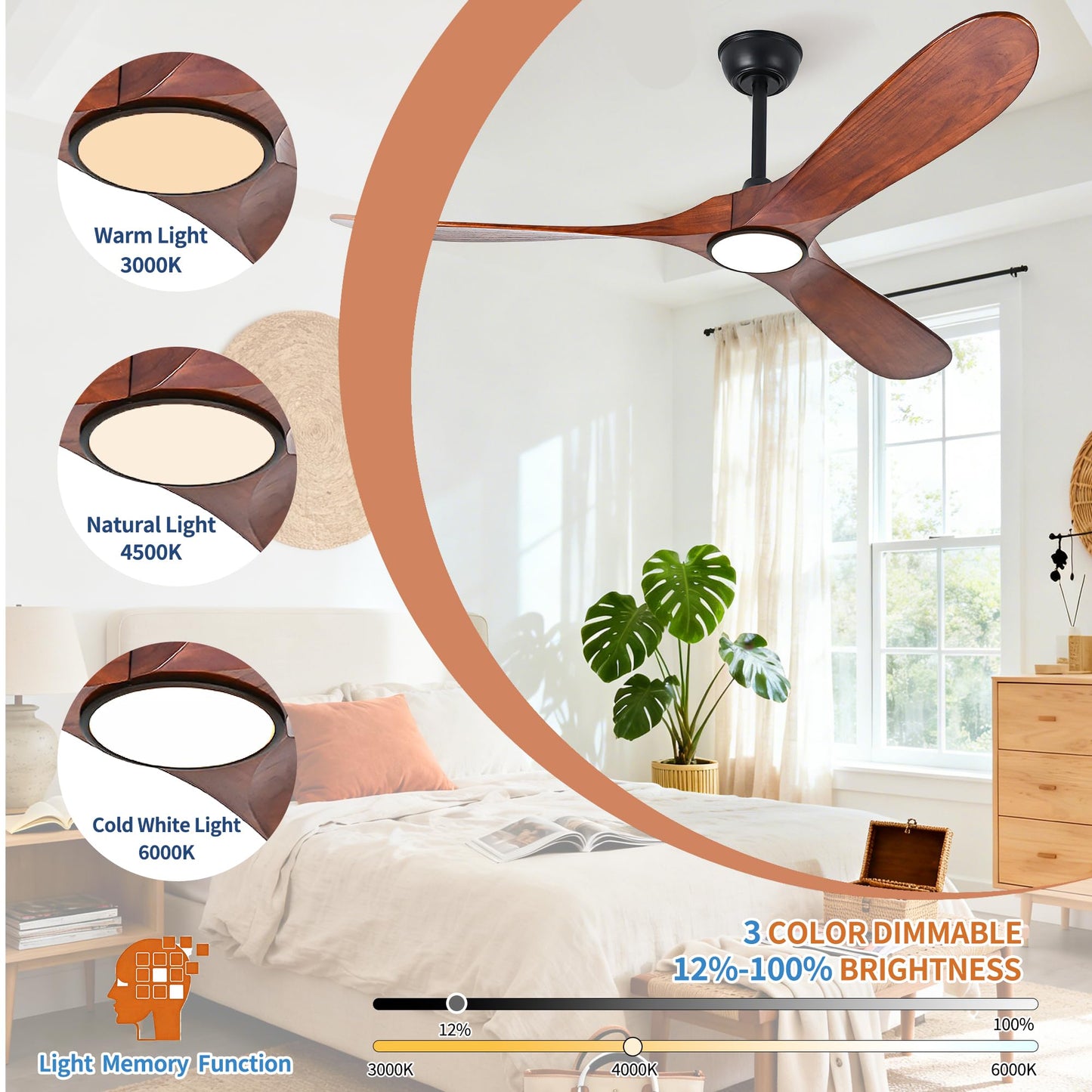 Zronon 52 Inch Ceiling Fans with Lights and Remote, Modern Wood Outdoor Ceiling Fan with Light, 3 Blade Propeller Indoor Ceiling Fan for Farmhouse Patios Living Room Bedroom Gazebo (Walnut)
