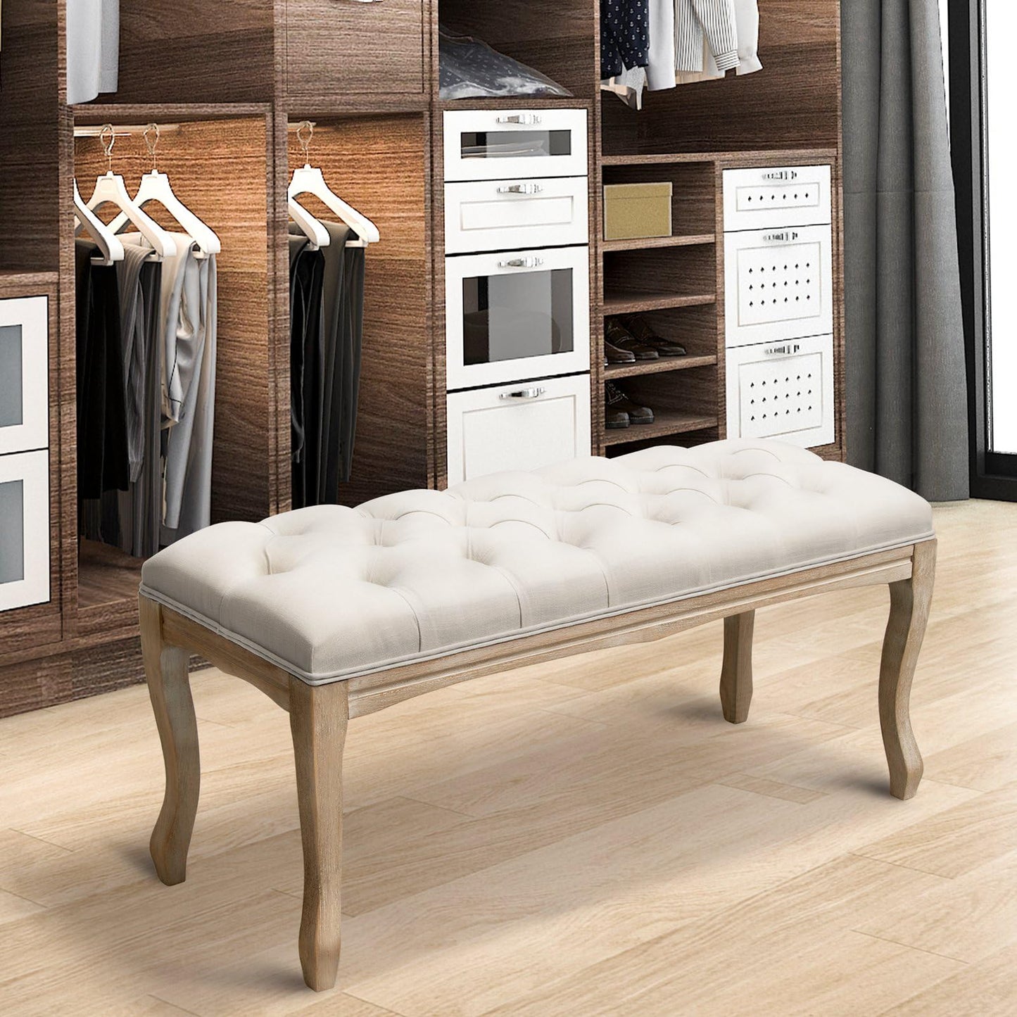 Crestlive Products Upholstered Tufted Bench, Wood Bed Ottoman Middle Century Modern Rectangular Footrest for Bedroom Entryway Channel (Beige)