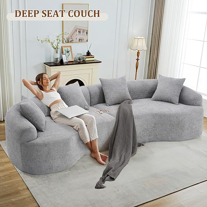 110" Oversized Modern Curved Cloud Sectional Sofa, Luxury Plush Chenille 4-Seater Deep Wide Seat Couch with 4 Pillows, No Assembly Needed Apartment Living Room Furniture, Beige