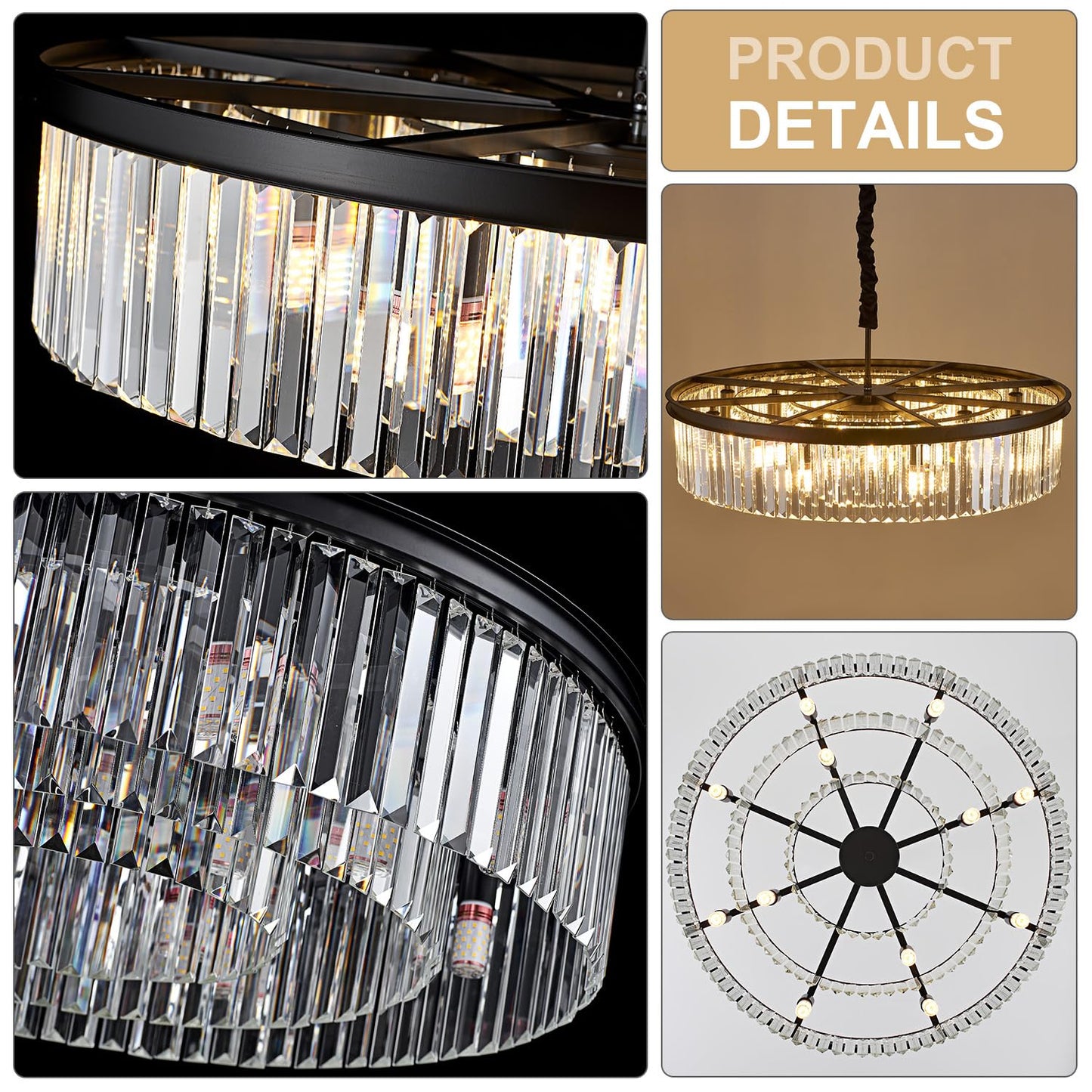 lighceac 31.5" 12-Light Modern Crystal Chandelier Light Fixtures 3 Rings Black Luxury Chandeliers for Living Room Glam Round Hanging Ceiling Pendant Lighting for Entryway Kitchen Bedroom Dining Room