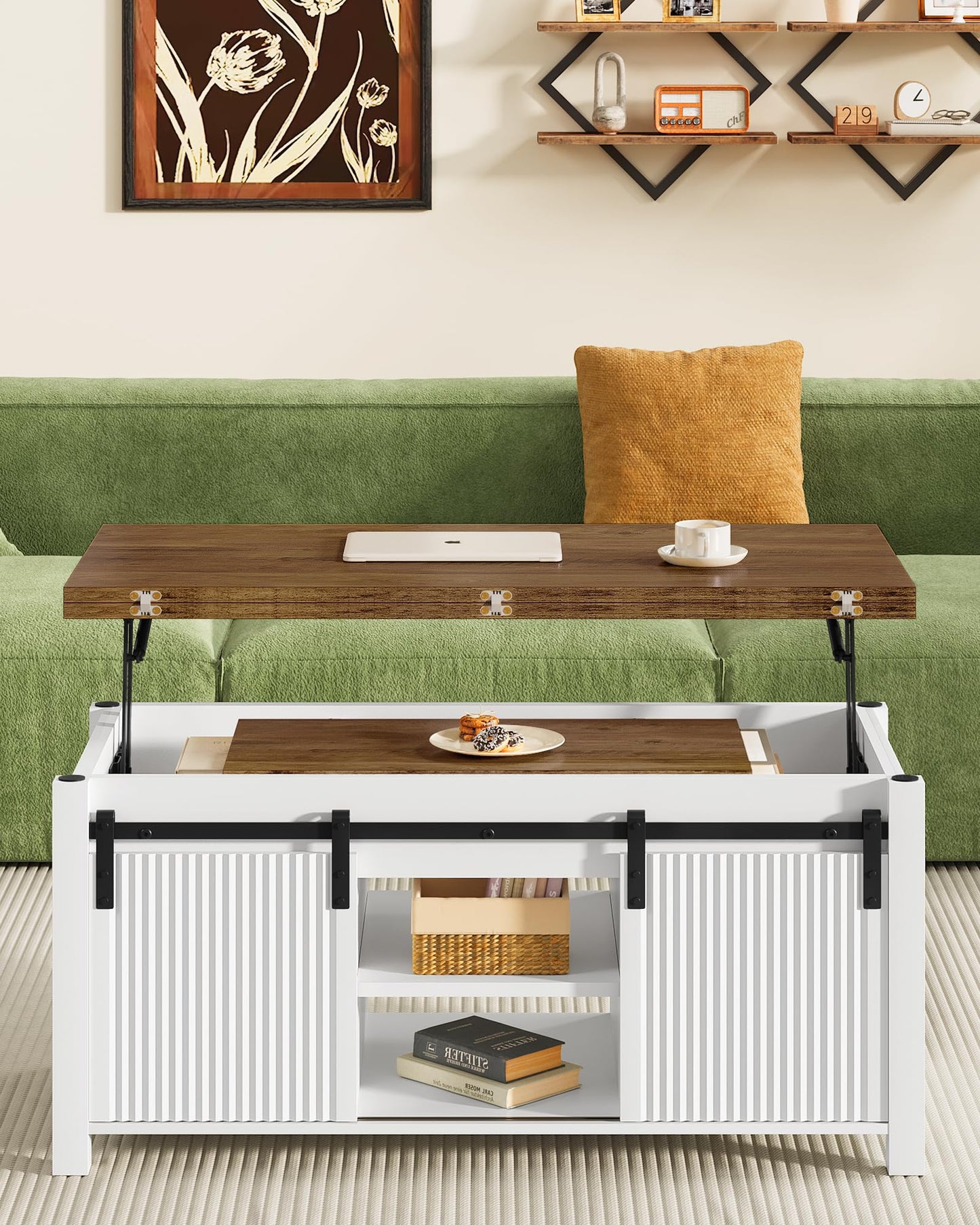 CHOEZON Coffee Table Lift Top, 4 in 1 Convertible Coffee Table, Farmhouse Coffee Tables, with Hidden Compartments, with Sliding Doors, for Living Room, Apartment, White and Walnut MKF01WL