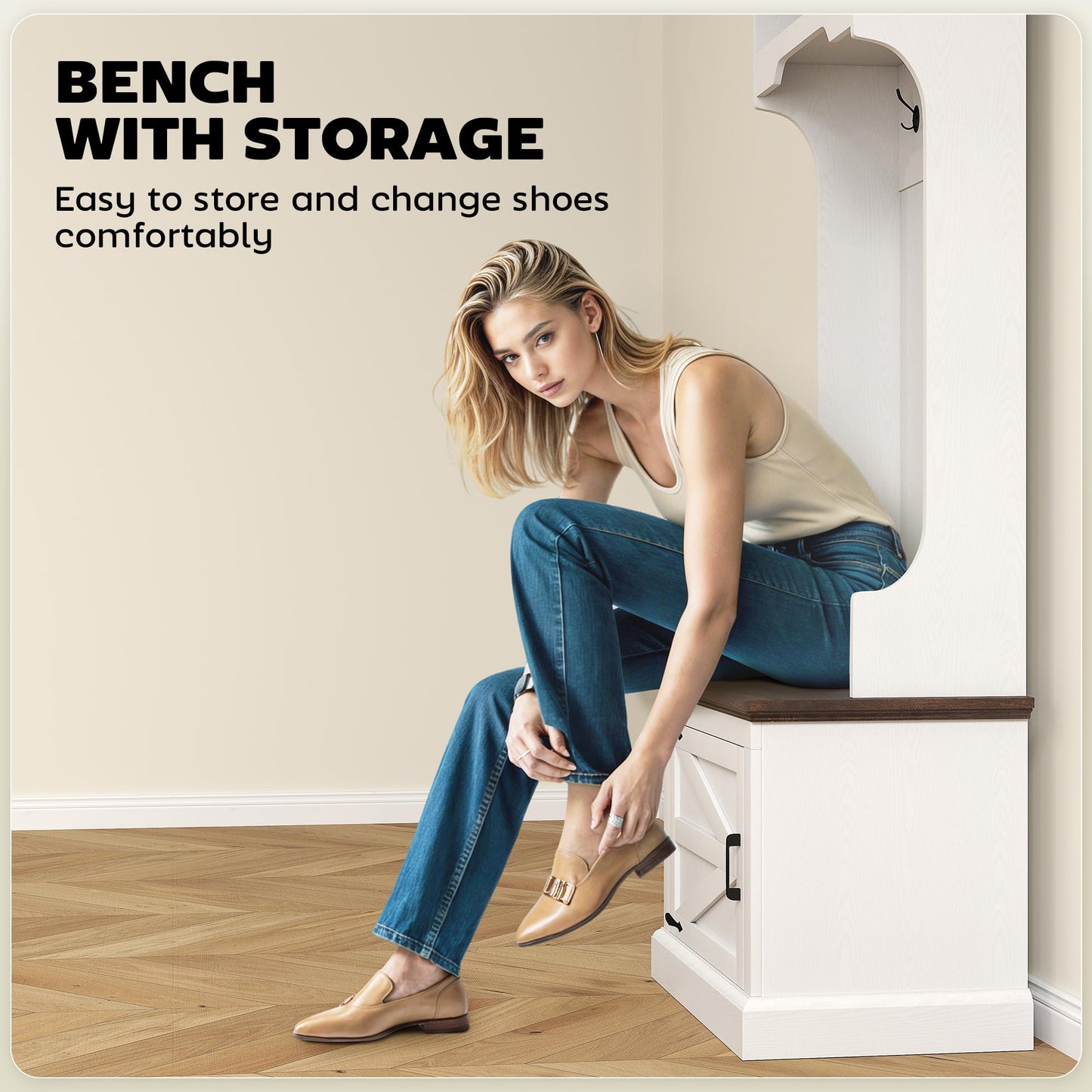 HOMCOM 3-in-1 Hall Tree with Shoe Storage, Standing Coat Rack with Shoe Bench, Entryway Furniture with Three Hooks, White Wood Grain