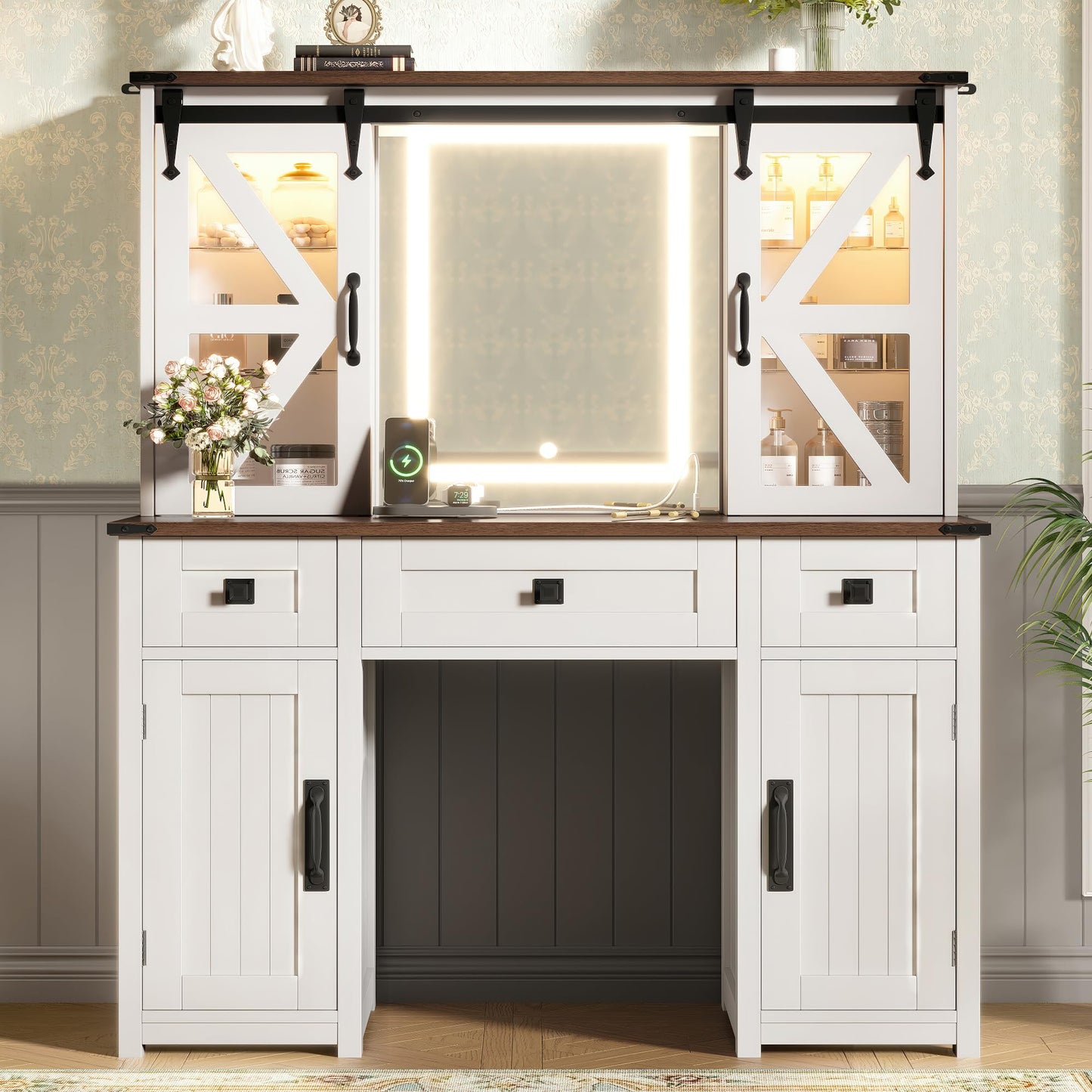 GDFStudio 43.3" Farmhouse Makeup Vanity Desk with Lighted Mirror, Dressing Table Set with Sliding Barn Door Hidden Shelves, 3 Drawers & 4 Cabinets, Charging Station, Beige and White Finish