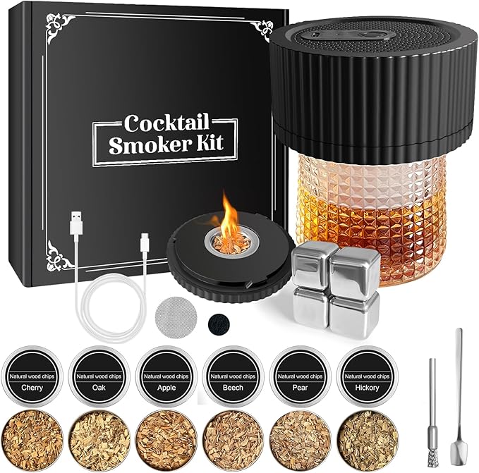 Electric Whiskey Smoker Kit–Rechargeable Cocktail Smoker Kit with Built-in Lighter, 6 Wood Chip Flavors–Old Fashioned Smok...