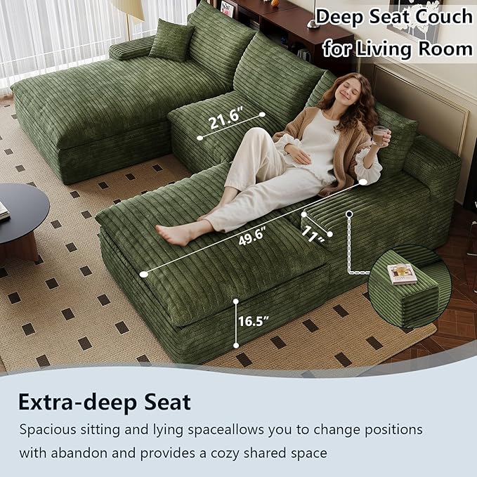 107" Cloud Sectional Couch U-Shaped Chaise with Ottoman, Corduroy Boneless Couch for Living Room Bedroom, Deep-Seat Upholstered Modular Cloud Sofa, No Assembly Required (Green, Left Facing Chaise)