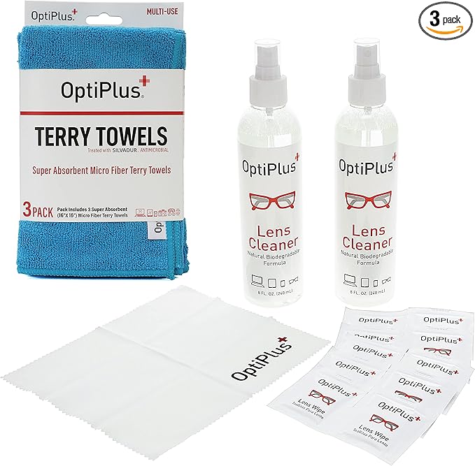 OptiPlus 16oz All Natural Lens and Screen Cleaning Pack, Lens Wipes, Microfiber Cloth and 16 x 16 Microfiber Terry Towel 3 Pack (Blue)