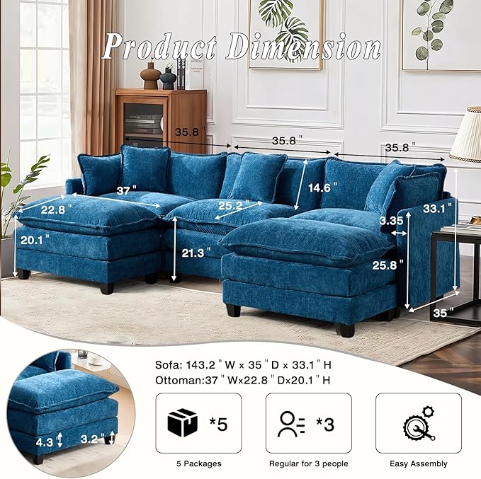 SoarFlash 113.78" Chenille Sectional Sofa, Comfy U Shaped Modular Coush Sofa with Ottoman, Modern 4 Seat Couch Deep Seat Sofa Set for Living Room,Blue