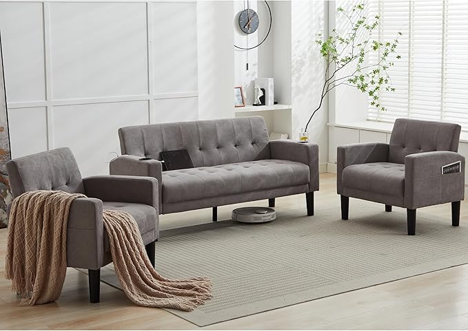 TYBOATLE Sofa Couch, Living Room Furniture Sectional Sofa Sets 3 Pcs, Tufted Mid-Century Loveseat w/USB, Cupholders & Comfy Single Sofa for Small Space, Apartment, Office (Light Grey)