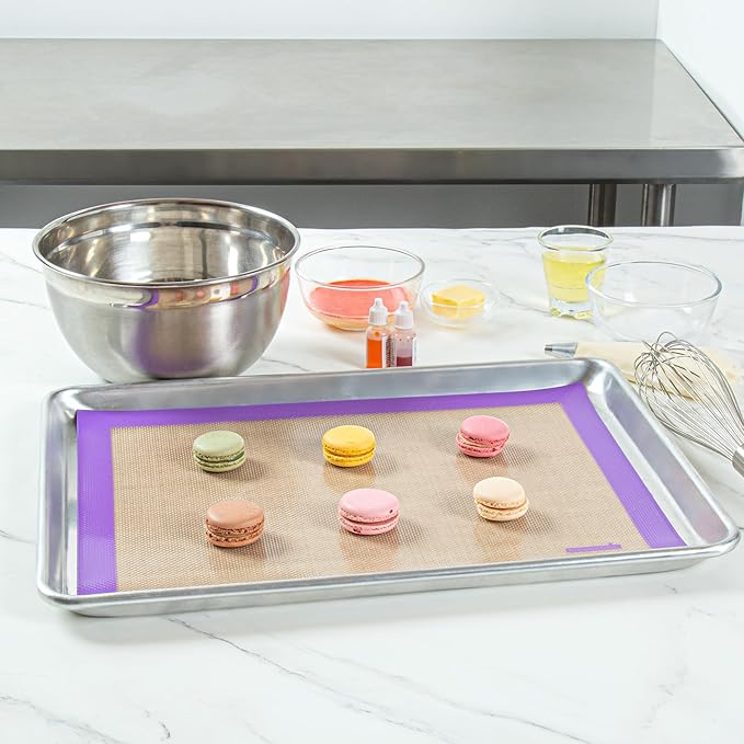 Restaurantware Half Size Baking Mat 1 Heat-Resistant Cooking Mat - Allergen-Safe Reusable And Ultra-Durable Tan And Purple Silicone Nonstick Mat For Pans And Rolling 11.8 x 15.75 Inch