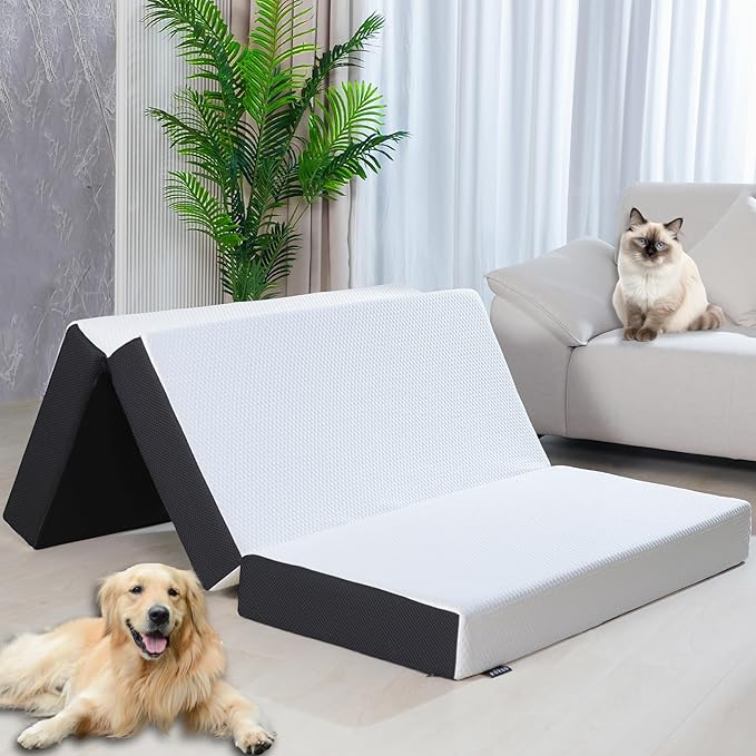 Roxzo 6" Cot Tri-Fold Memory Foam Folding Mattress Topper with Washable Cover - Cooling Mattress Pad for College Dorm, Single Bed, Camping, and Guest Bed - 75"x31"x6"