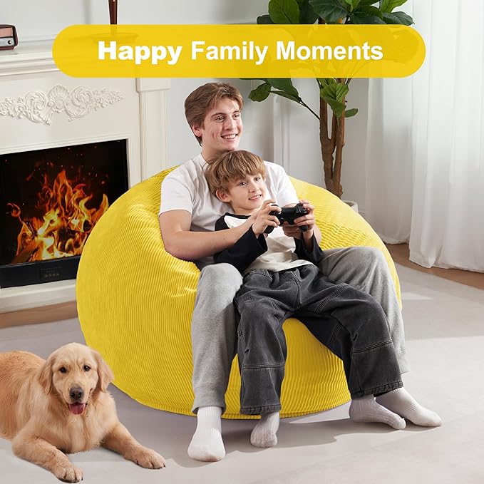 Homguava 3.5FT Bean Bag Chair: Teardrop Bean Bags with Memory Foam Filled, Compact Beanbag Chairs Soft Sofa with Corduroy Cover (Yellow)