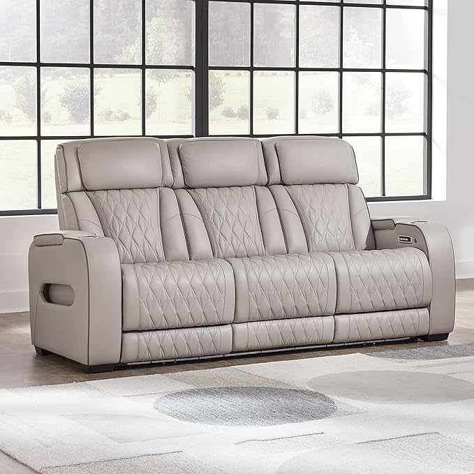 Signature Design by Ashley Boyington Contemporary Leather Match Power Reclining Sofa with USB Charging Ports, LED Lights and Adjustable Headrest, Light Gray