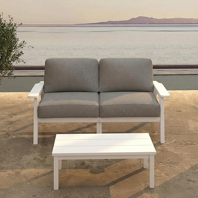 Patio Kingdom Patio Furniture Set 2 Seats, HDPE Outdoor Sectional with Gray Washable Thick Cushions, Coffee Table, Patio Conversation Sets for Lawn, Garden, Porch, Balcony, Deck (White Frame)