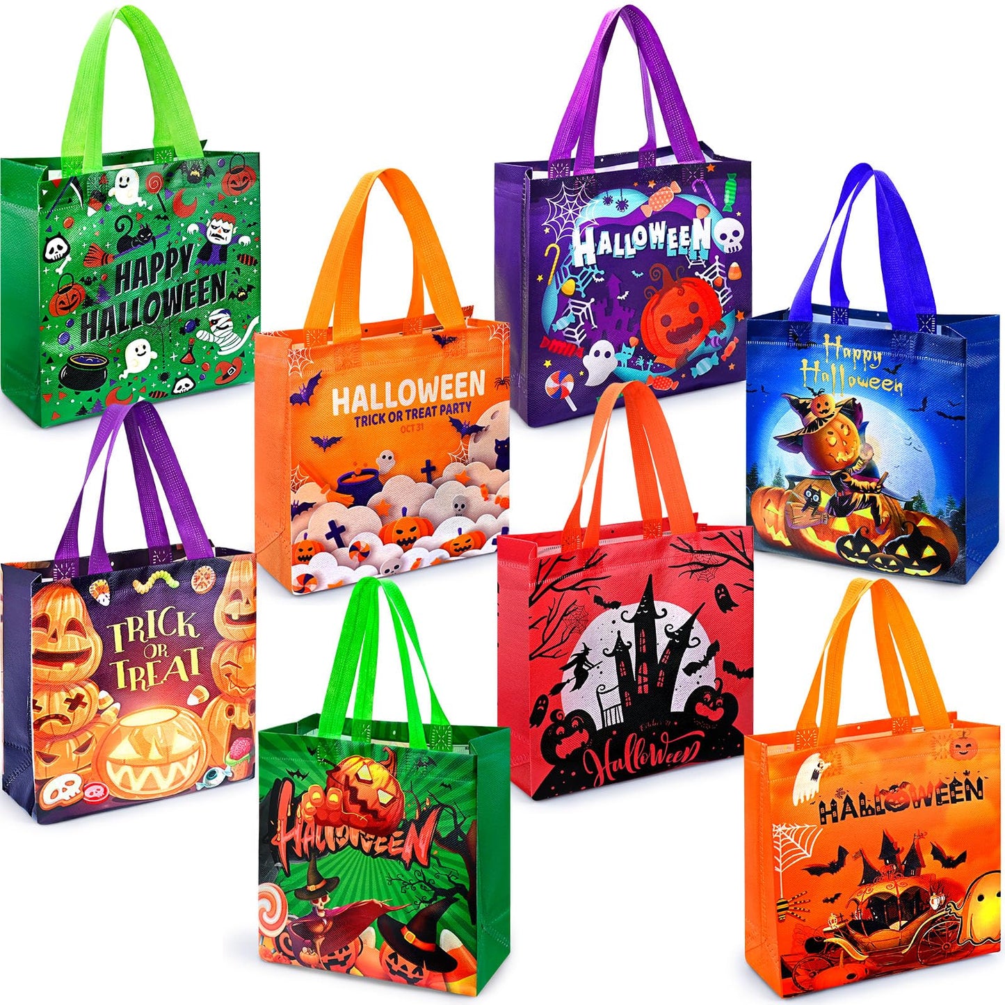 Ambandier 8PCS Halloween Trick or Treat Tote Bags with Handles，Halloween Candy Treat Bags for Kids, Non-Woven Gift Bag for Wrapping Party Decoration Supplies