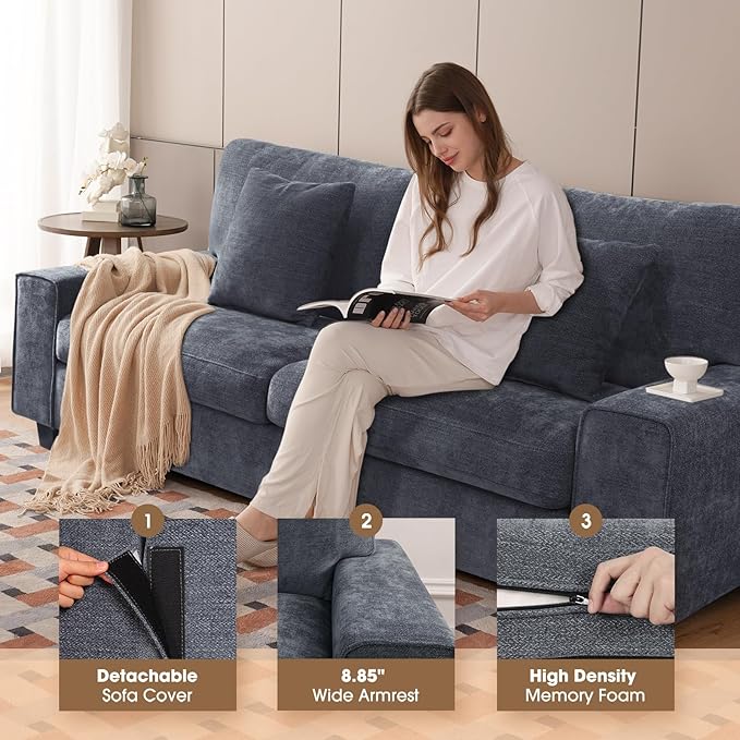DOPEDIO Modern Loveseat Sofa for Living Room,Chenille Recliner, Removable Cover, Spring Cushions, Solid Wood Frame, Easy Assembly for Small Spaces (88.58inch，Blue)