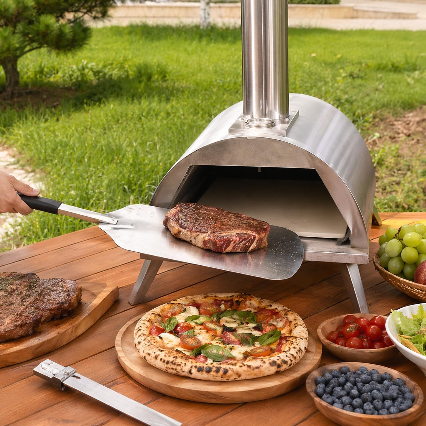Rixordd 12" Wood Pellet Pizza Oven – Portable Stainless Steel Outdoor Pizza Maker with Built-In Thermometer, Foldable Legs, Carry Handle & Cordierite Pizza Stone for Backyard, Patio & Camping