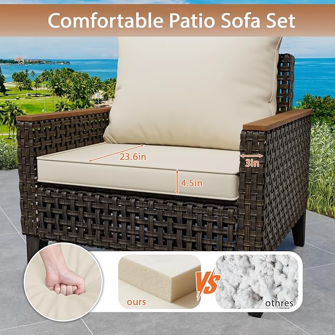 Xmkmvk 8 Piece Patio Sectional Sofa Set with 50000 BTU Fire Pit Table, All-Weather Wicker Rattan Outdoor Conversation Set, High Back, for Garden, Porch, Poolside, Beige