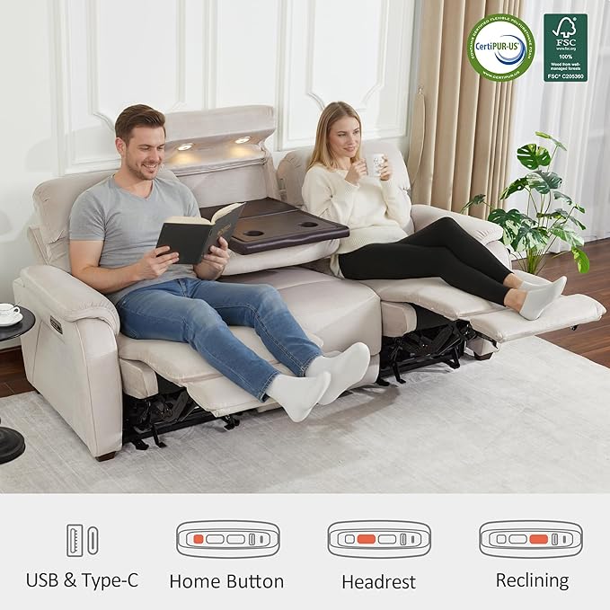 MCombo 87.2'' Wall Hugger Power Recliner Sofa with Drop Down Table, Reclining Sofa with Adjustable Headrest, USB Charge Ports, Reading Lamp, for Living Room, RVs, Fabric, ST258M3 (3-Seater, Beige)