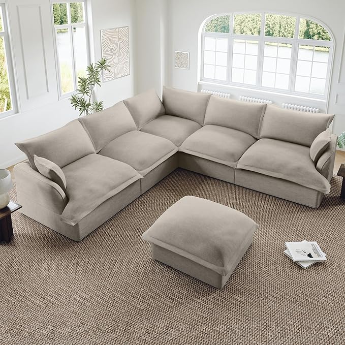 Lopzeho Oversized Cloud Modular Sectional Sofa, Comfy Down Filled Cloud Couch with Removable Cover, V Shaped 5 Seat Couch with Ottoman, Deep Seat Sectional Couches for Living Room, Light Gray
