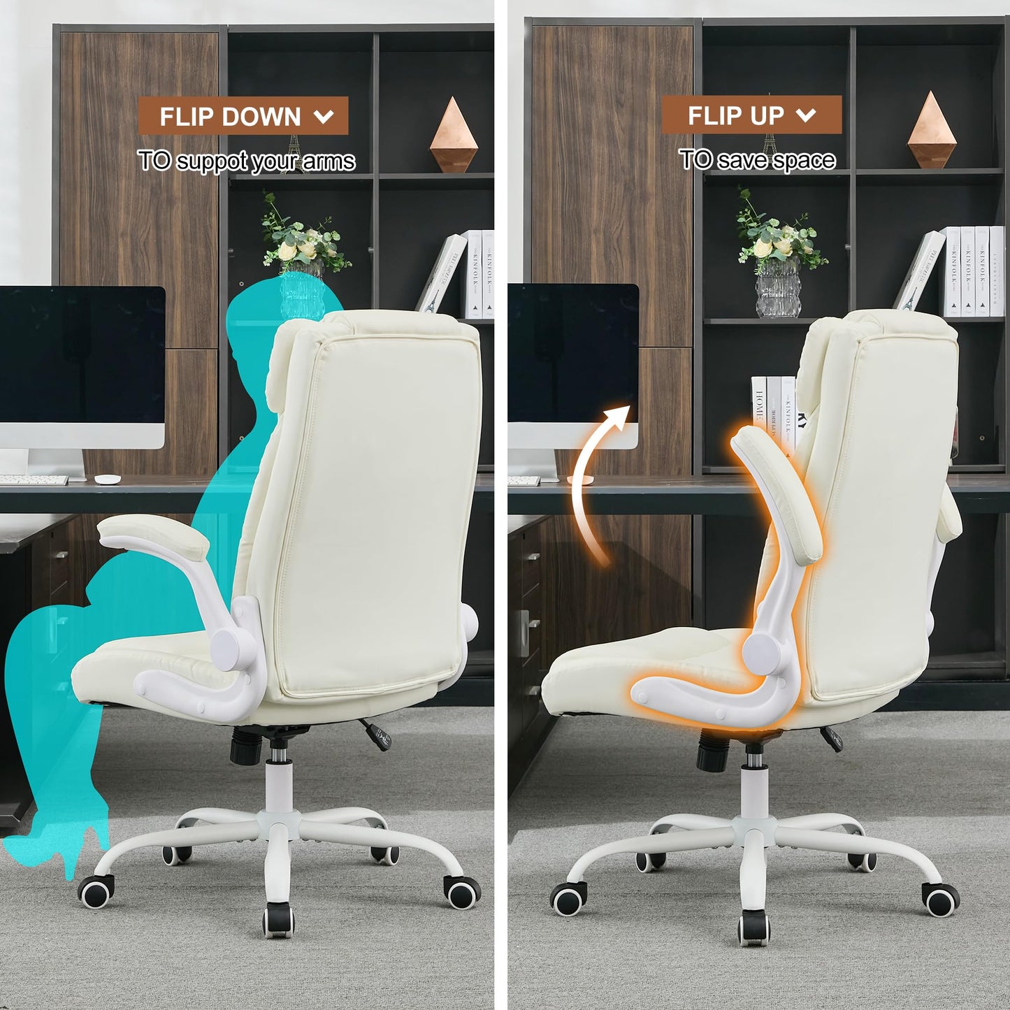 BOWTHY Mid Back Executive Leather Chair,Ergonomic Home Office Chairs,Comfy Computer Desk Chair with Adjustable Flip-Up Arms and Rocking Function (Beige)