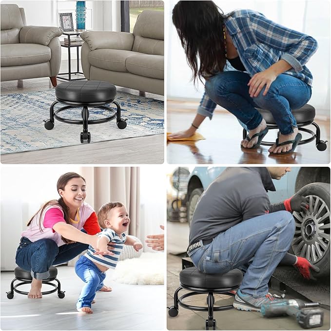 LWADALN Low Roller Stool Low Height Rolling Stool Seat PU Leather Small Chair Foot Stool Round Rolling Stools for Home Office Garage Shop (Black)