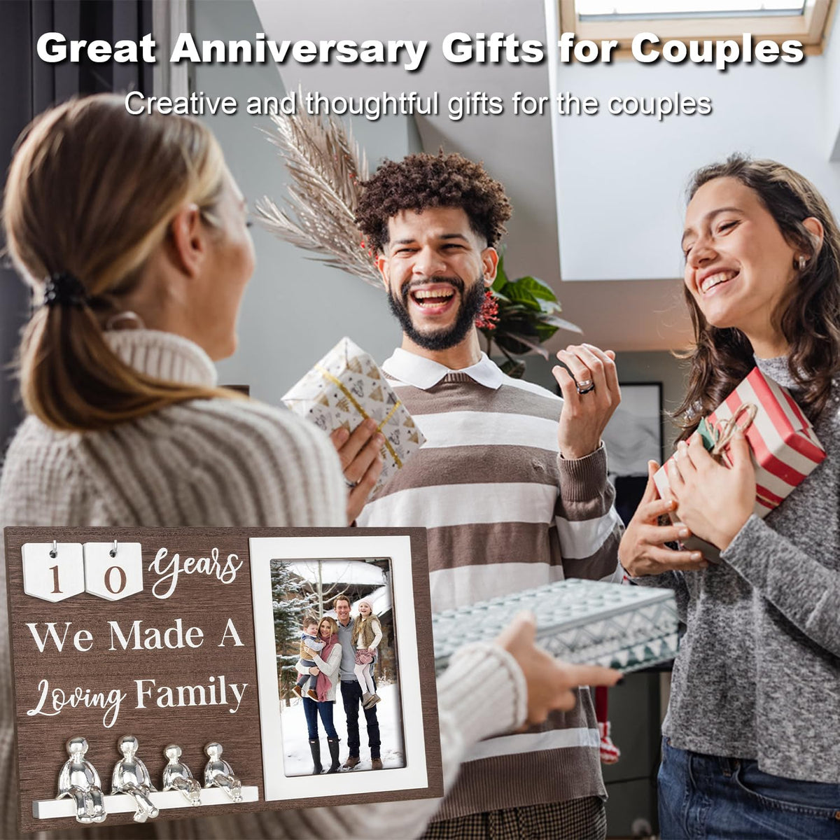 Wedding Anniversary Idea for Wife Gifts for All Anniversaries, 10 Year Tin Gift for Couples Him Her Husband, Aluminum Sculptures Family Tree Picture Frame Keepsake Decor Sculptures DIY Personalized