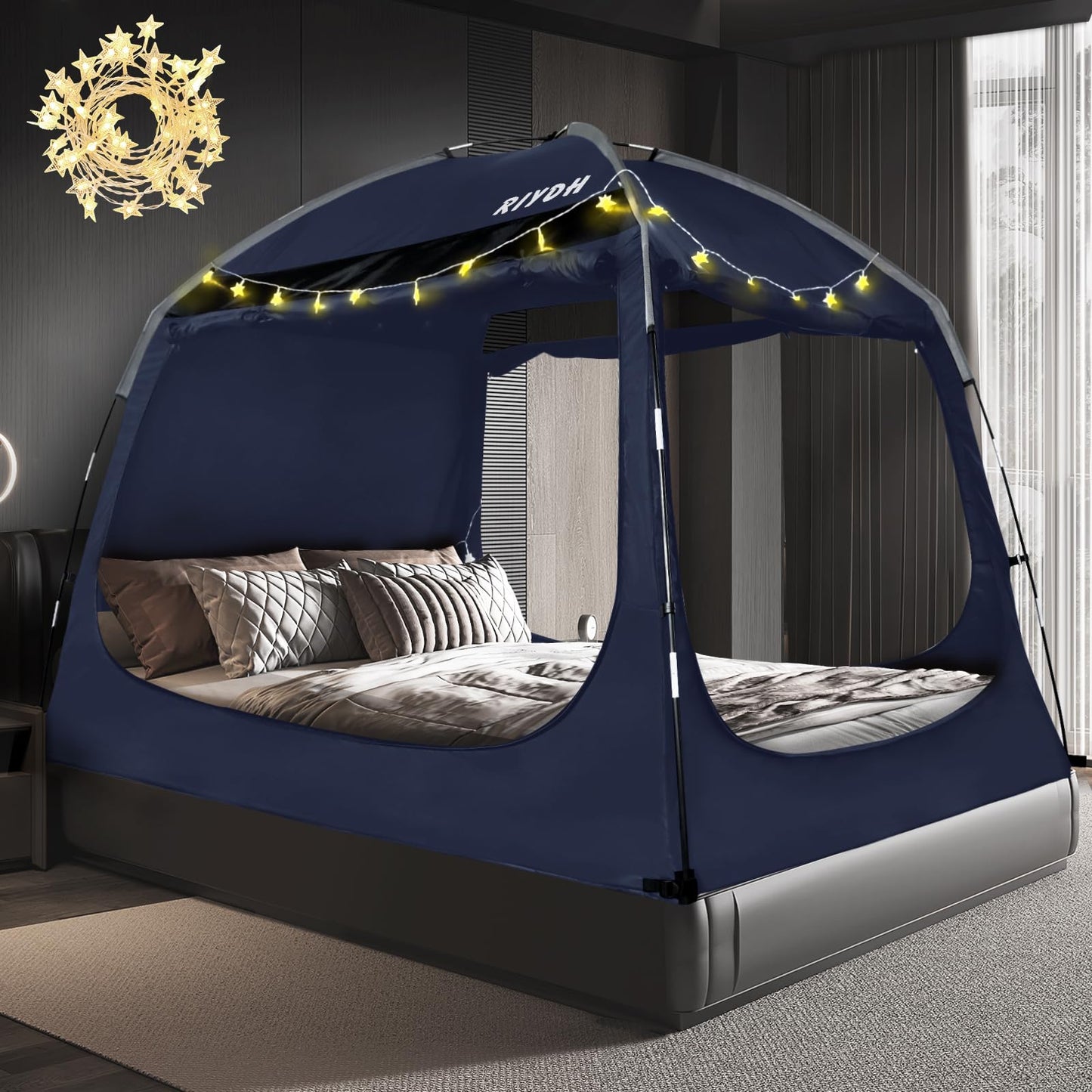 Bed Tent Bed Canopy Breathable 100% for Adult and Kids- Original Design Light Reduction 93% Sleeping Dream Tents Indoor Portable Big Space with String Light 3 Doors Twin Full Queen King Size