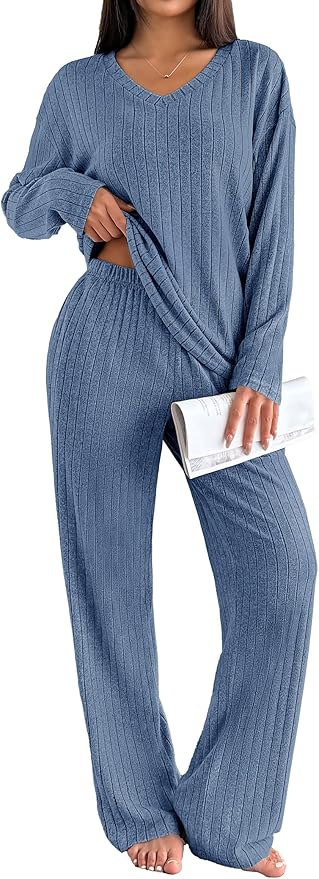 Ekouaer Lounge Sets for Women Long Sleeve Knit Ribbed Pajama Sets 2 Piece Casual Loungewear with Pockets
