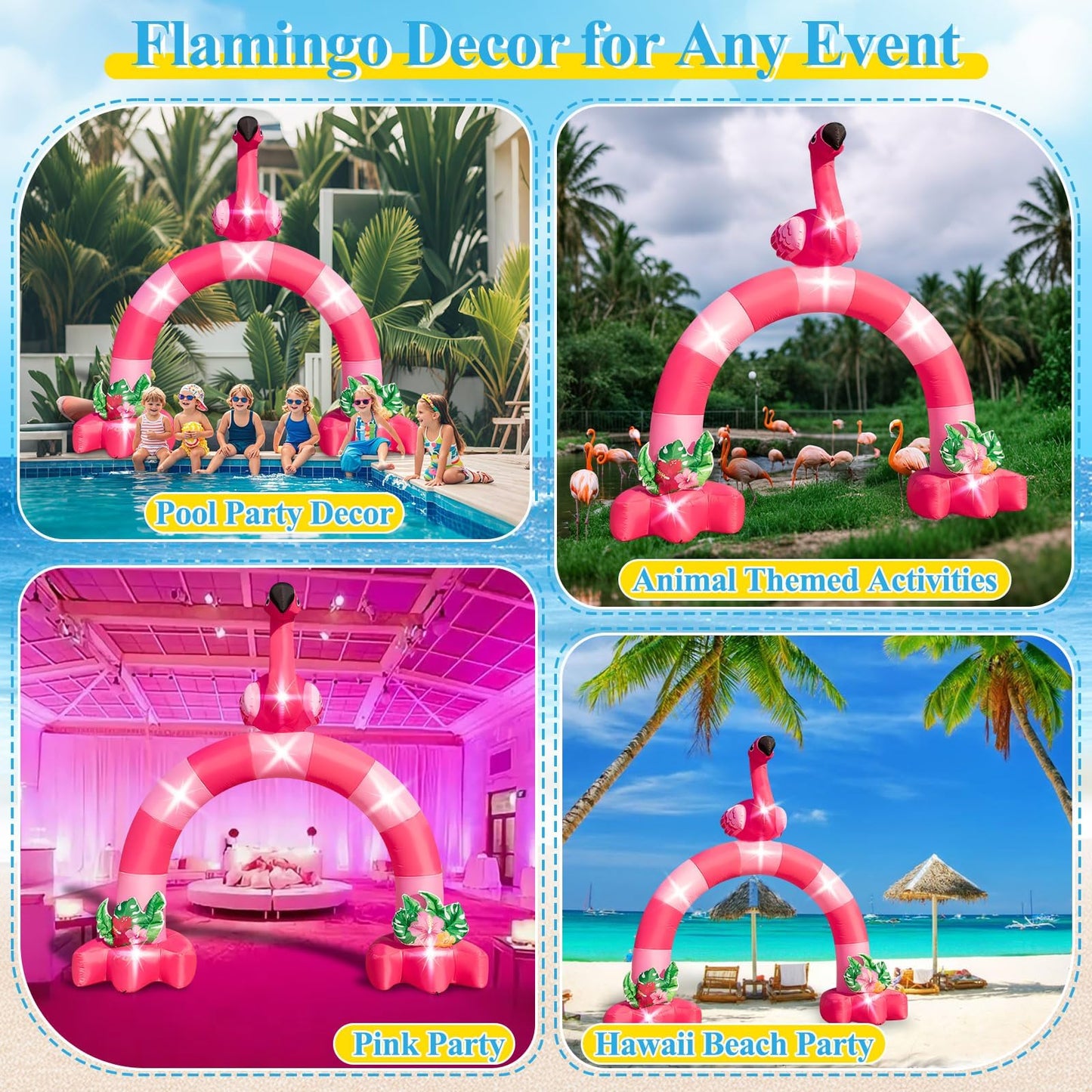Eyourlife 12FT Pink Flamingo Inflatable Arch,Giant Inflatable Flamingo Outdoor Decor,Blow-Up Flamingo with 1Blower 6LED Lights and 2Hawaiian Leis for Summer Yard Garden Birthday Luau Beach Party