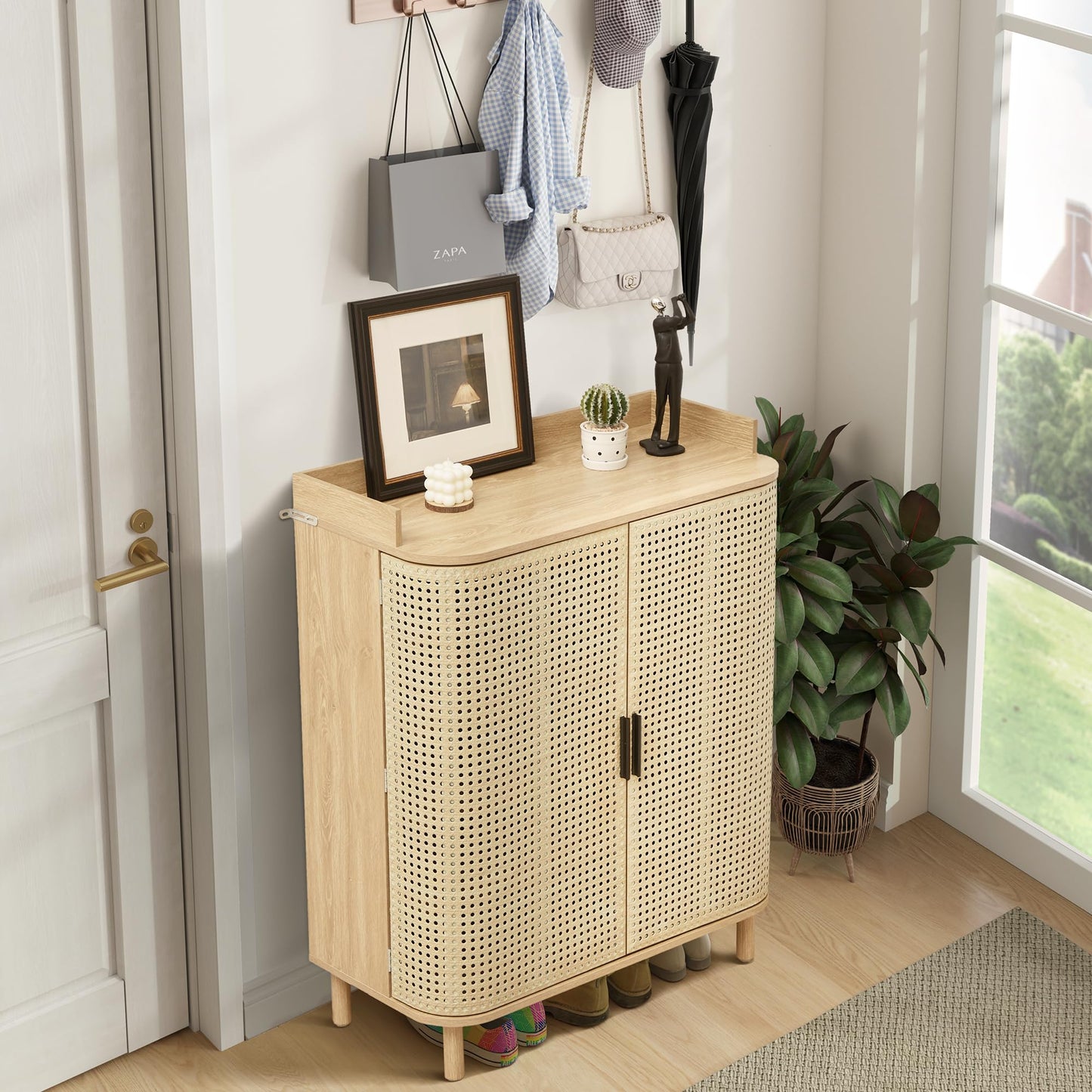 ORRD Shoe Cabinet, 5 Tier Boho Wooden Shoe Storage Organizer Cabinet with Adjustable Shelves, Shoes Rack with Iron Rattan Curved Doors Accent Cabinet for Entryway Hallway Living Room, Natural