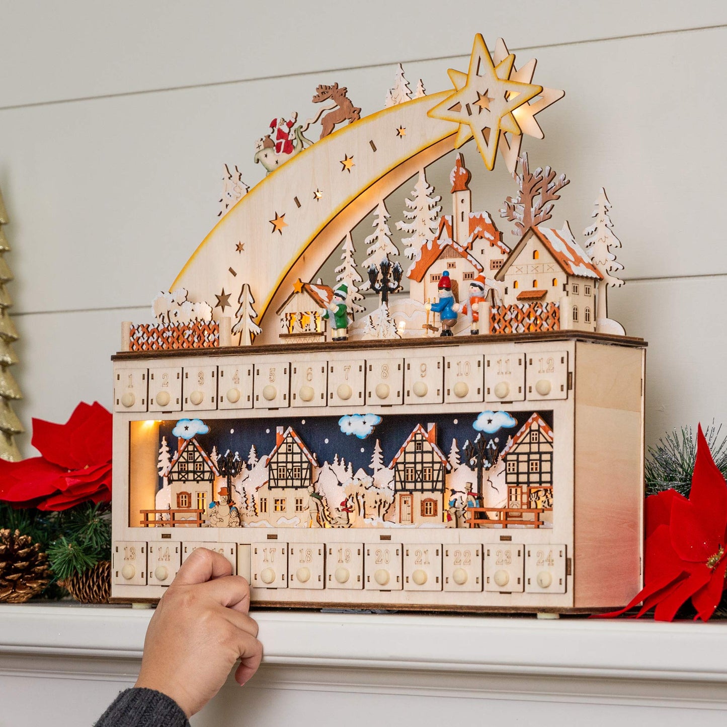 Best Choice Products Wooden Christmas Advent Calendar, Shooting Star Holiday Decoration w/Battery-Operated LED Light Background