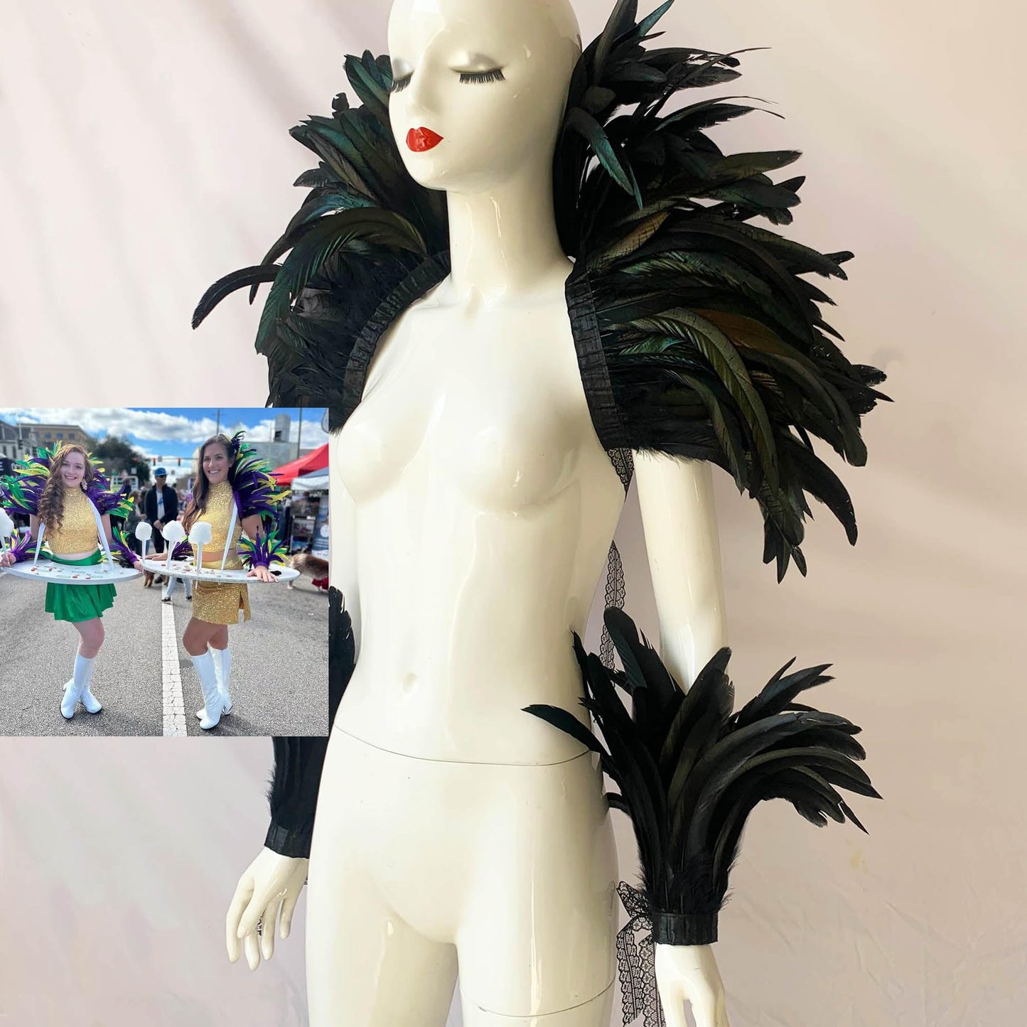 QI@XIA Feather Shawl 1 Pair of Wrist Cuffs and Leg Cuff for Women Witch Halloween Mardi Gras Cape Costumes Accessories (Black)