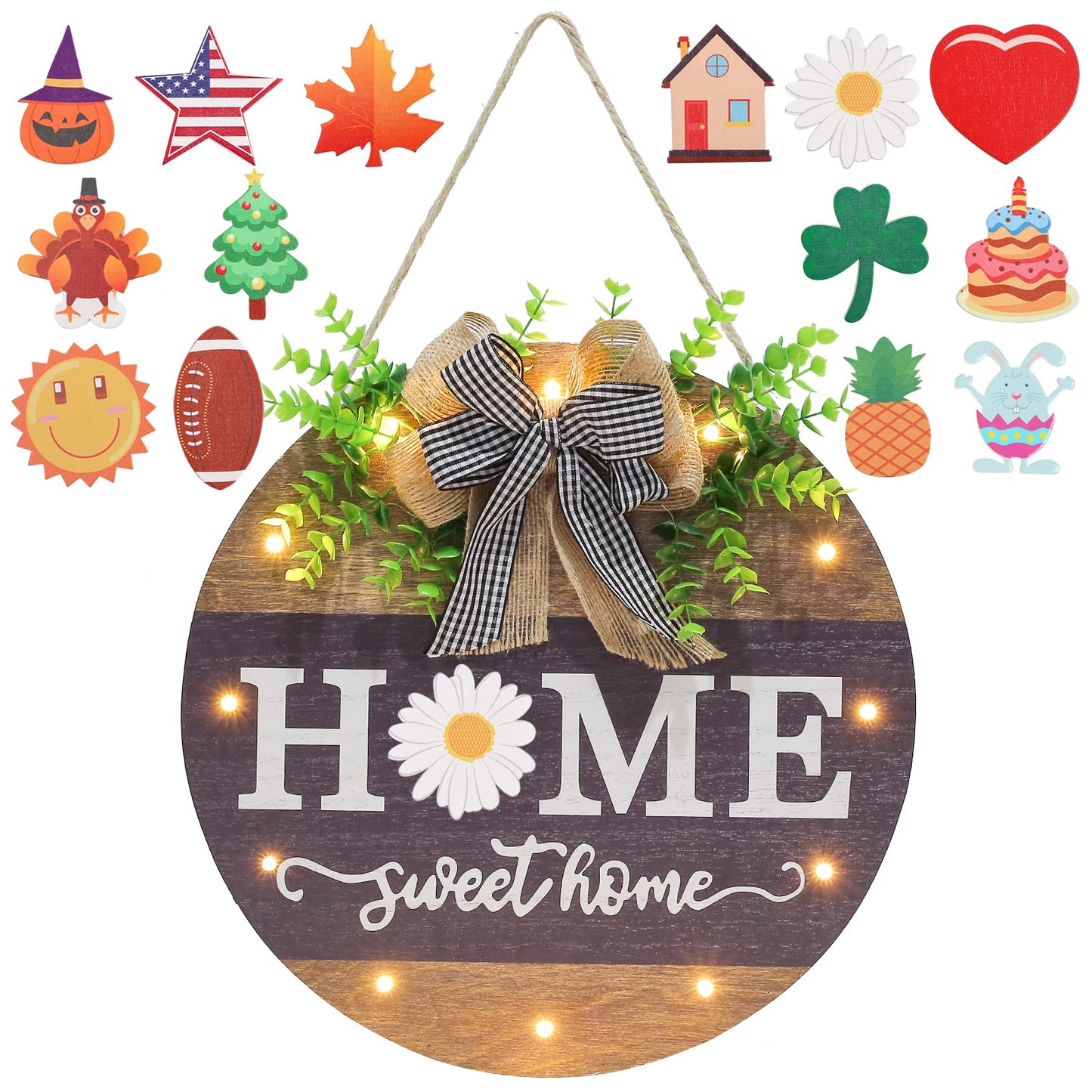 Interchangeable Welcome Sign for Front Door with 14 Changeable Icons, Farmhouse Front Porch Decor Rustic Wooden Wall Sign with 12 LED Lights, Outdoor Seasonal Welcome Home Decorations (Wood home1)