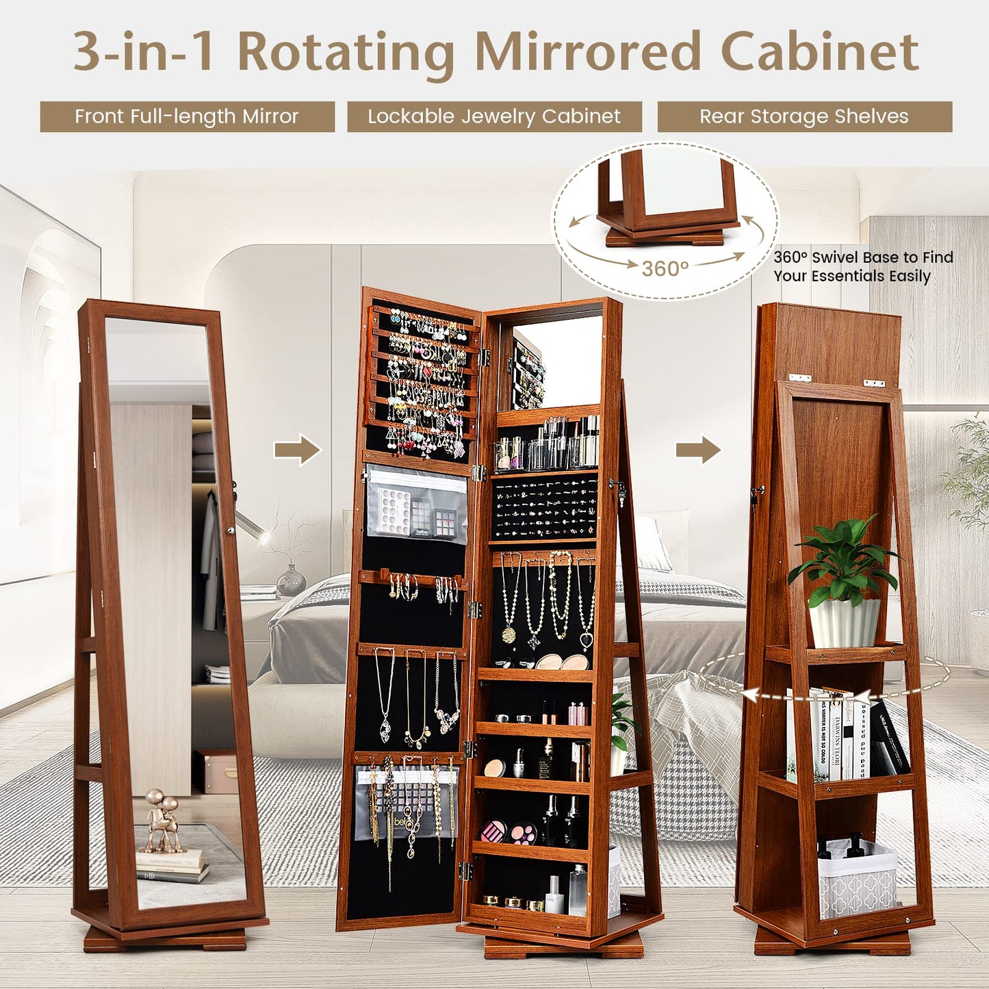 Byroce 360° Rotating Jewelry Organizer, Full Length Mirror with Storage, Lockable Jewelry Cabinet with Inside Makeup Mirror & 3-Tier Rear Shelves, Standing Jewelry Armoire (Walnut)