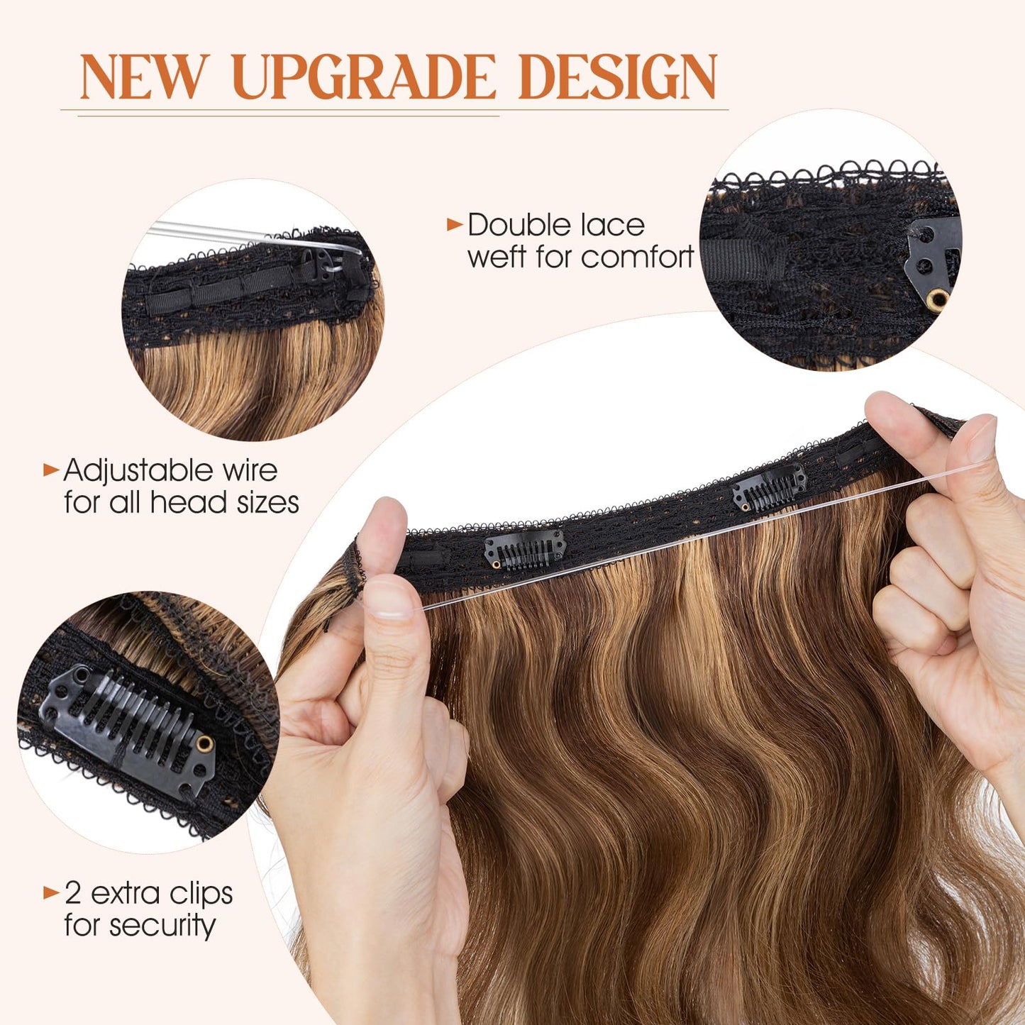 S-noilite Wavy Halo Hair Extensions Real Human Hair,20Inch Invisible Wire Hair Extensions,2 Clips Halo Extensions for Women(Medi
