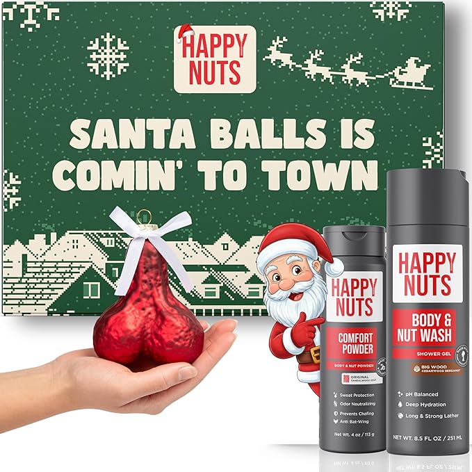 Happy Nuts Holiday Anti Chafing Gift Box for Men with Comfort Powder, Body Wash & Christmas Ornament - Ultimate Men's Care Stocking Stuffer for Him & White Elephant Gift Idea